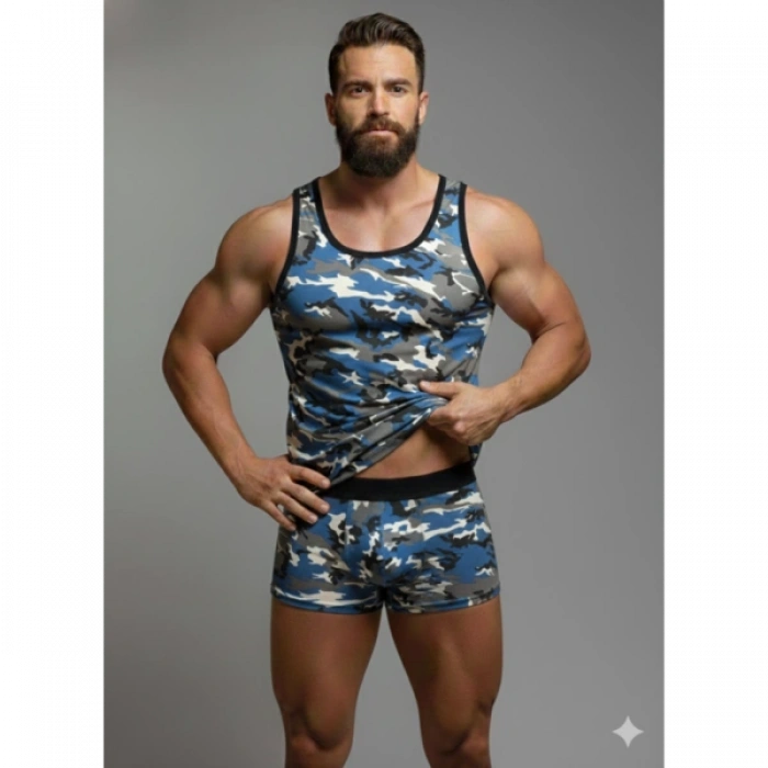 MODLİVE Erkek Kamuflaj Tank Top Boxer İç Çamaşır Takımı
