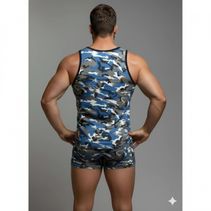 MODLİVE Erkek Kamuflaj Tank Top Boxer İç Çamaşır Takımı