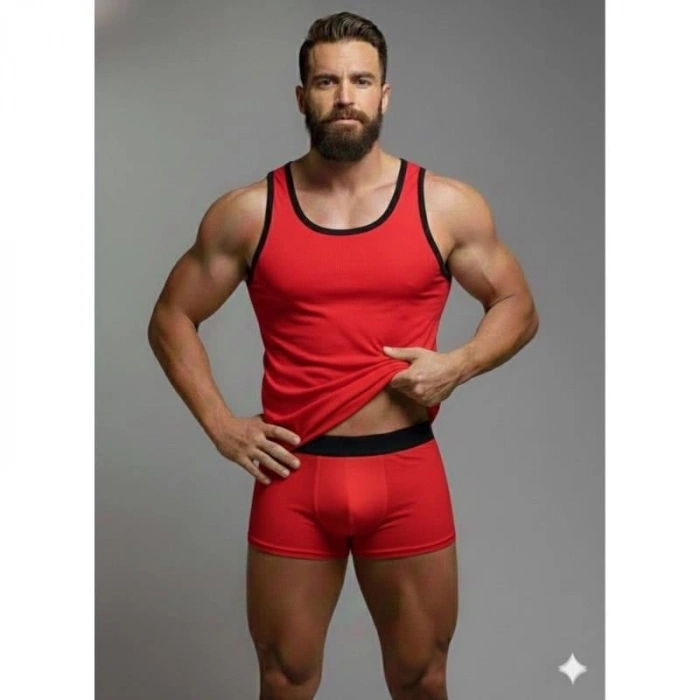 MODLİVE Erkek Kırmızı Tank Top Boxer Takımı