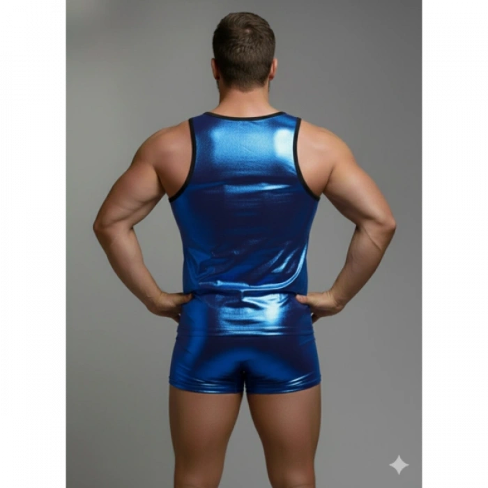MODLİVE Erkek Mavi Lame Tank Top Boxer Takım