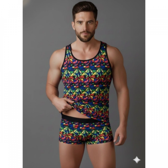 MODLİVE Erkek Renkli Tank Top Boxer Takımı
