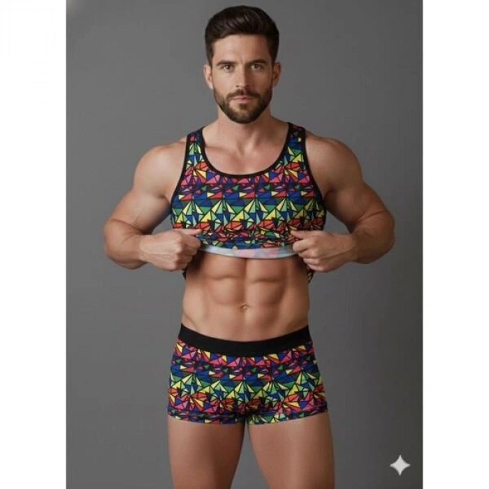 MODLİVE Erkek Renkli Tank Top Boxer Takımı