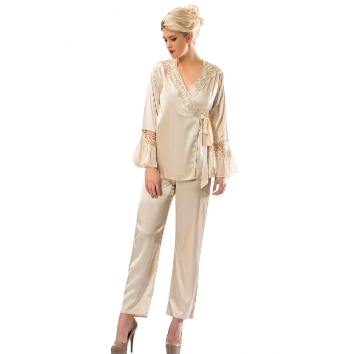 MODLİVE Gold Rengi Saten Pijama Takımı - 1592