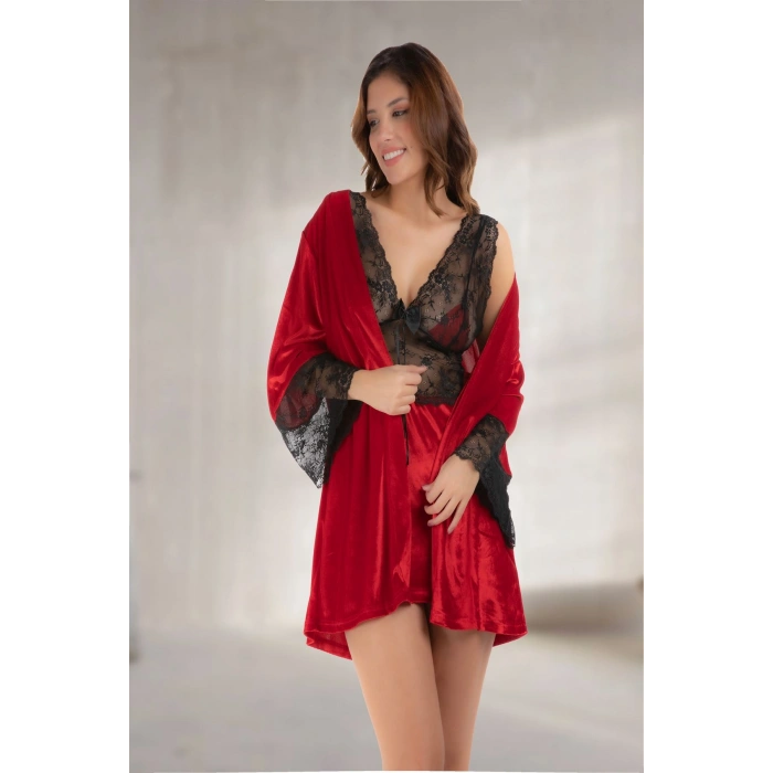 MODLİVE Kırmızı Kadife Sabahlık & Gecelik Takım 2 Li - 1442