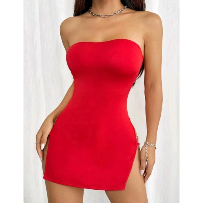MARSİLYAN- Kırmızı Metalli Straplez Mini Elbise