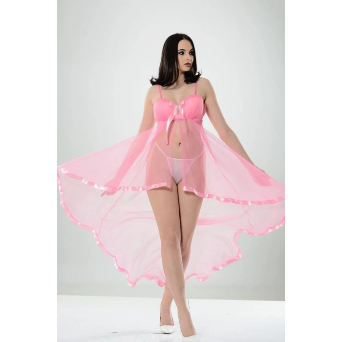 MARSİLYAN- Pembe Petli Tül Şifon Gecelik - 230