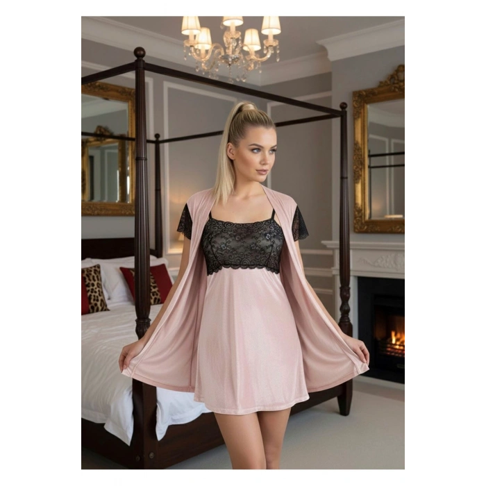 MODLİVE Pudra Kadife Sabahlık & Gecelik Takım 2 Li - 1430