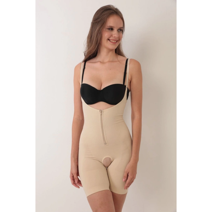 MODLİVE Ten İp Askılı Ağ Kısmı Açık Fermuarlı Tam Boy Kadın Korse