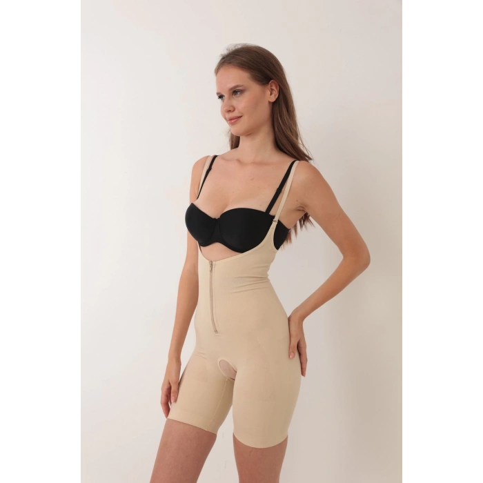 MODLİVE Ten İp Askılı Ağ Kısmı Açık Fermuarlı Tam Boy Kadın Korse