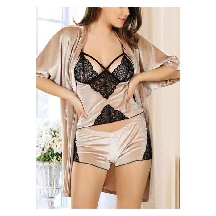 MODLİVE Vizon Kadife Dantelli Sabahlık & Gecelik Takım 3 Lü - 1398