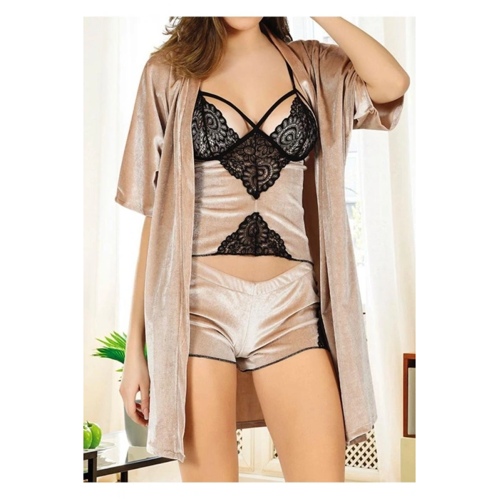 MODLİVE Vizon Kadife Dantelli Sabahlık & Gecelik Takım 3 Lü - 1398