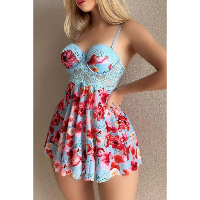 MODLİVE YNT Mavi Rüya Gecesi Çiçekli Askılı Mini Gecelik 15628