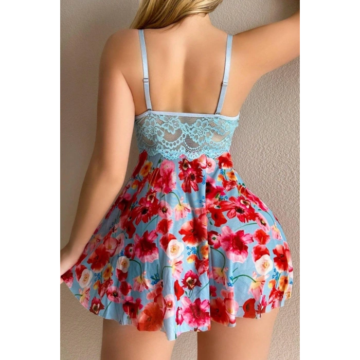 MODLİVE YNT Mavi Rüya Gecesi Çiçekli Askılı Mini Gecelik 15628