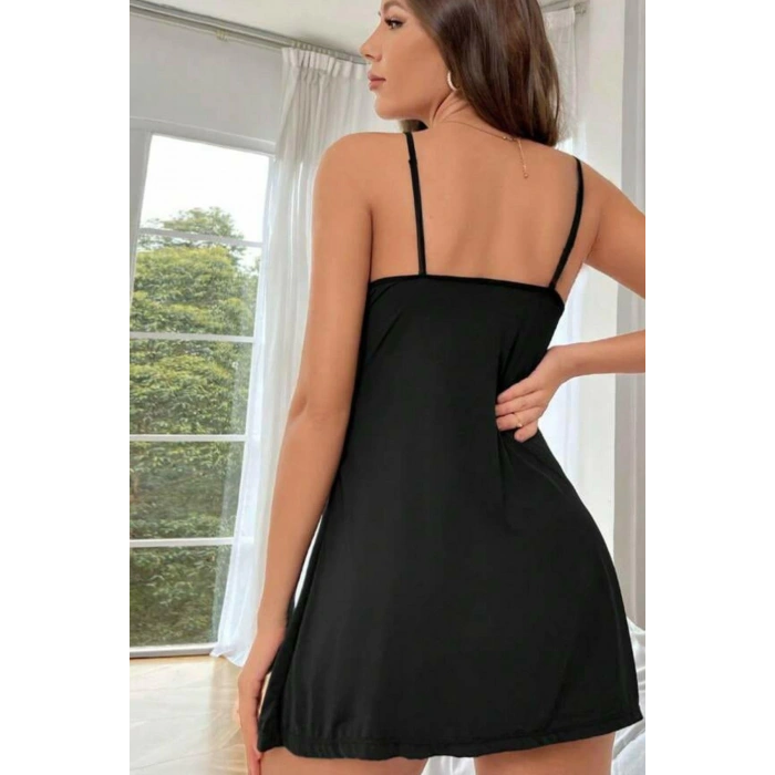 MODLİVE YNT Siyah Dökümlü Yırtmaç Detay Şık Geceliik 15531 