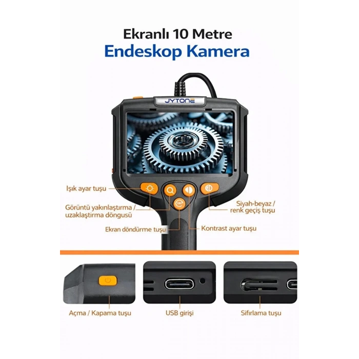 Monitörlü Tek Kameralı 10 Mt Sert Kablo Yılan Endoskop Kamera 5,5 Mm 4.3 Inc Ekran Ip67 Su Geçirmez Led Işıklı