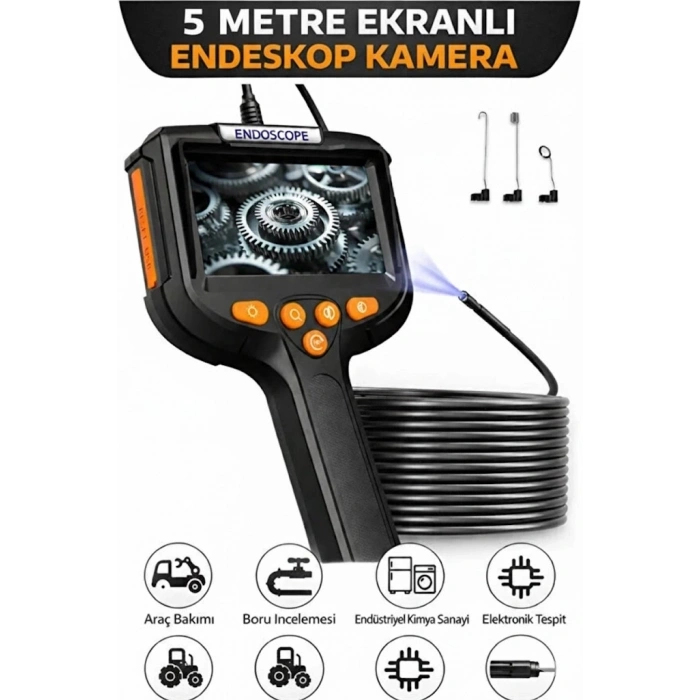 Monitörlü Tek Kameralı 5 Mt Sert Kablo Yılan Endoskop Kamera 5,5 Mm 4.3 Inc Ekran Ip67 Su Geçirmez