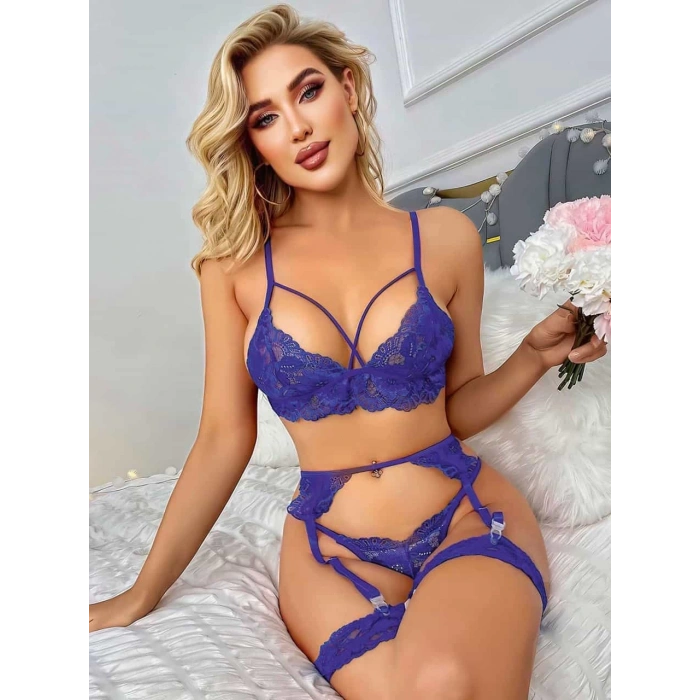 Mor Dantel Fantezi Jartiyer Takımı