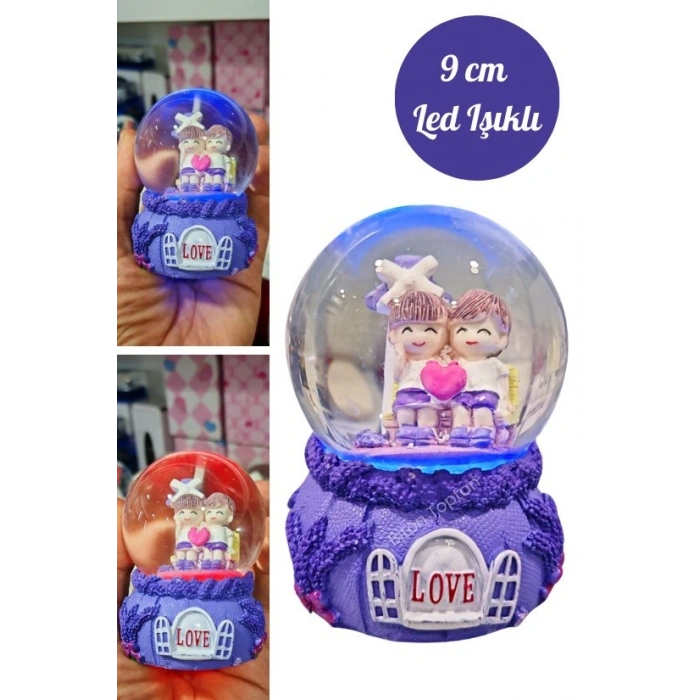 Mor Love Sevgililer Temalı Led Işıklı Kar Küresi 9 cm – Romantik & Anlamlı Sevgili Hediyesi