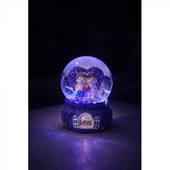 Mor Love Sevgililer Temalı Led Işıklı Kar Küresi 9 cm – Romantik & Anlamlı Sevgili Hediyesi