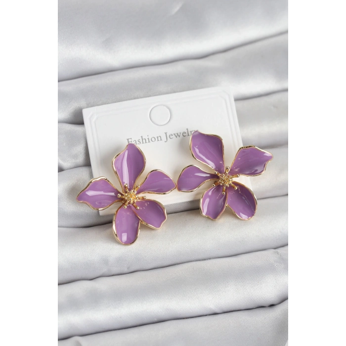 Mor Mineli Çiçek Model Pirinç Kadın Küpe - TJ-BKP11729