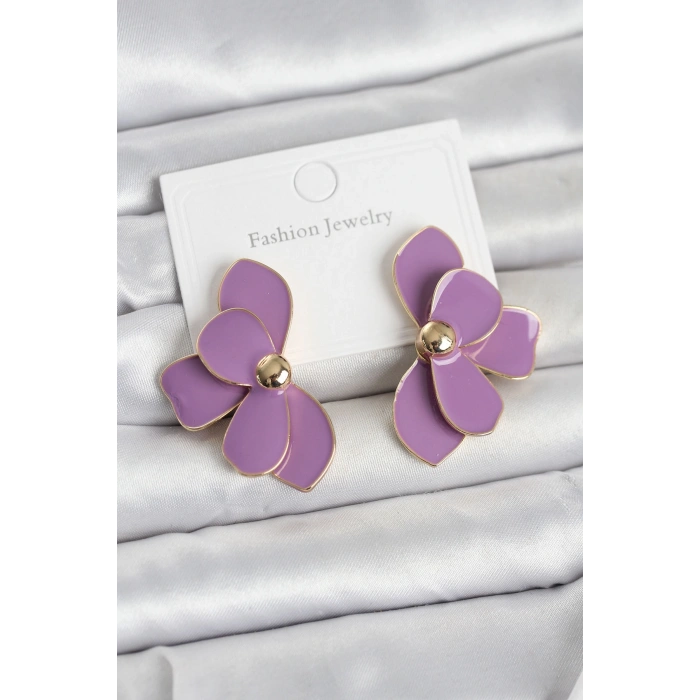 Mor Mineli Lotus Model Pirinç Kadın Küpe - TJ-BKP11735