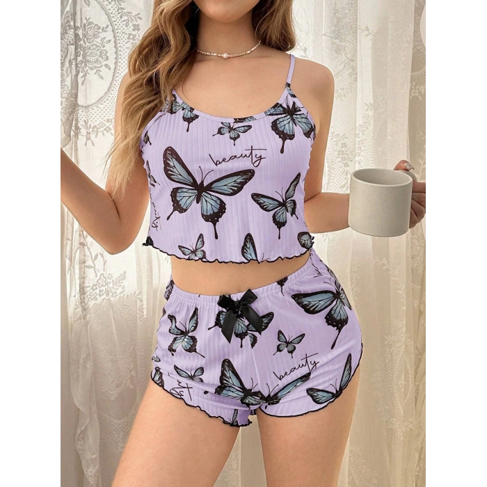 Mor Renk Kelebek Desenli Şortlu Ev Giyim Takımı,Kadın Yazlık Askılı Pijama, Rahat ve Şık Ev Giyim