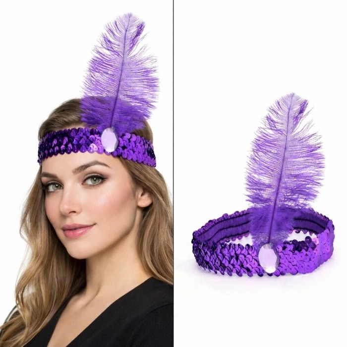 Mor Tüylü Retro Çarliston Saç Bandı - 70-80-90’lar Parti Tacı