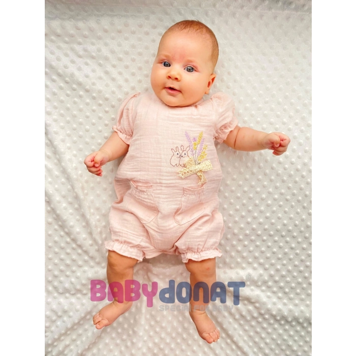 Müslin Kumaş Çiçek Nakışlı Pamuklu Kız Bebek Tulum