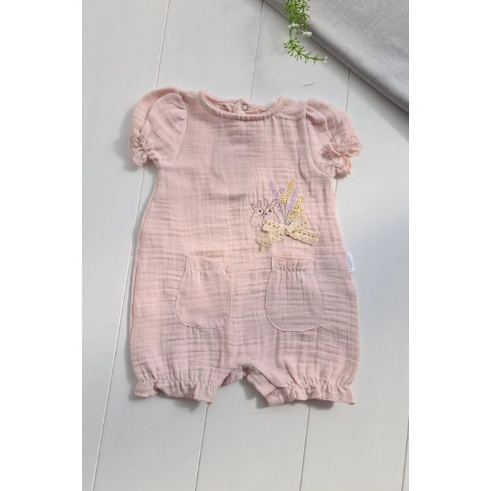 Müslin Kumaş Çiçek Nakışlı Pamuklu Kız Bebek Tulum