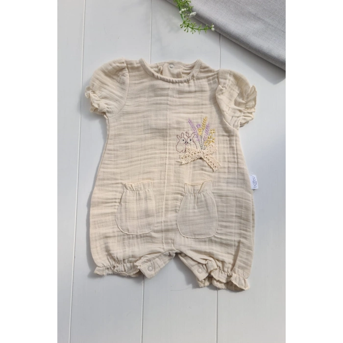 Müslin Kumaş Çiçek Nakışlı Pamuklu Kız Bebek Tulum