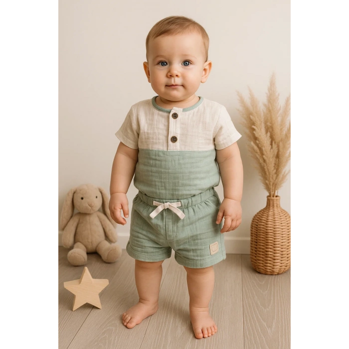 Müslin Şortlu 2 li Erkek Bebek Takım % 100 Pamuk