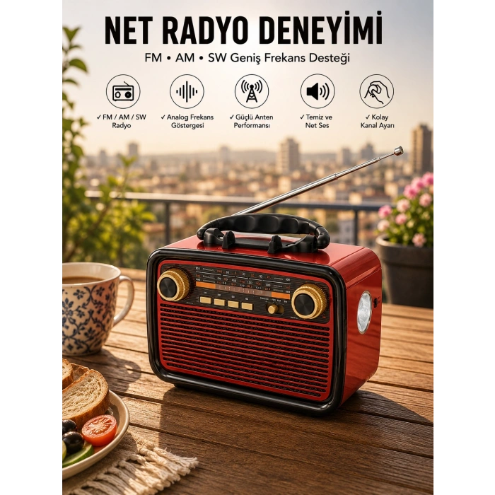 Müzik Kutusu Bluetooth Bağlantılı El Fenerli Nostaljik Tasarım Radyo