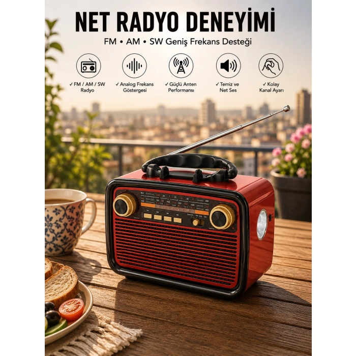 Müzik Kutusu Bluetooth Bağlantılı El Fenerli Nostaljik Tasarım Radyo