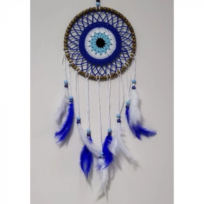 Nazar Boncuğu Desenli Kuş Tüylü El Yapımı Düş Kapanı Duvar Süsü