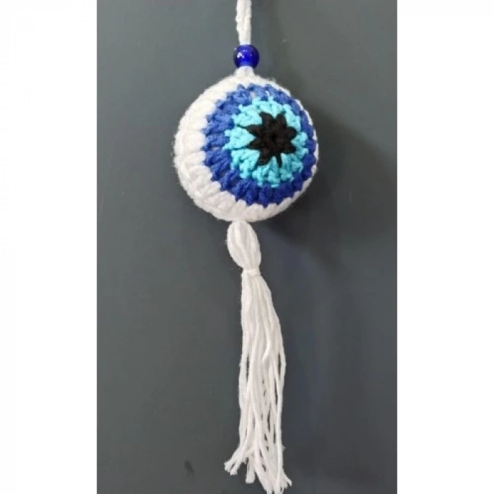 Nazar Boncuğu Desenli Püsküllü Beyaz Araba Süsü