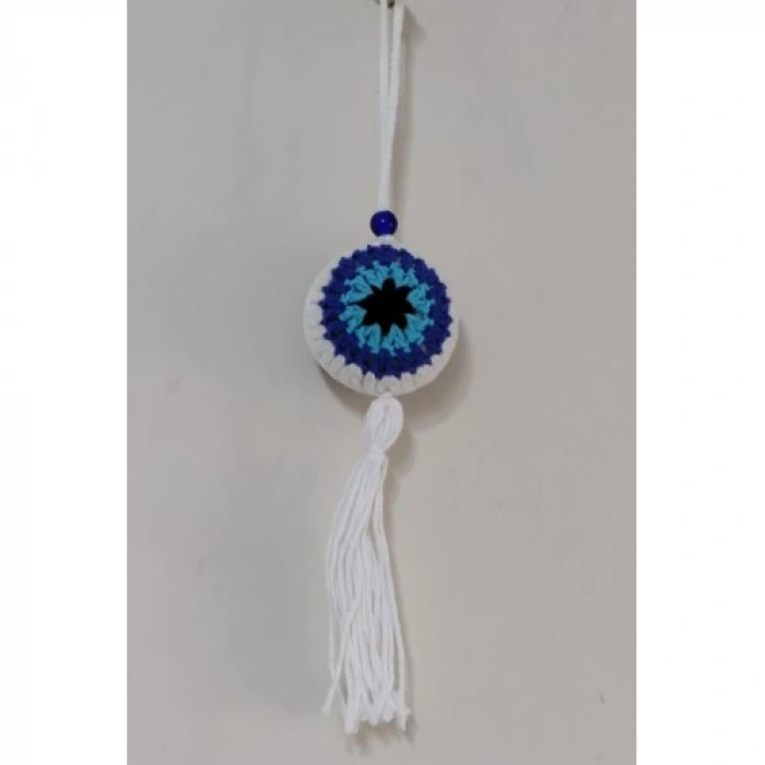 Nazar Boncuğu Desenli Püsküllü Beyaz Araba Süsü