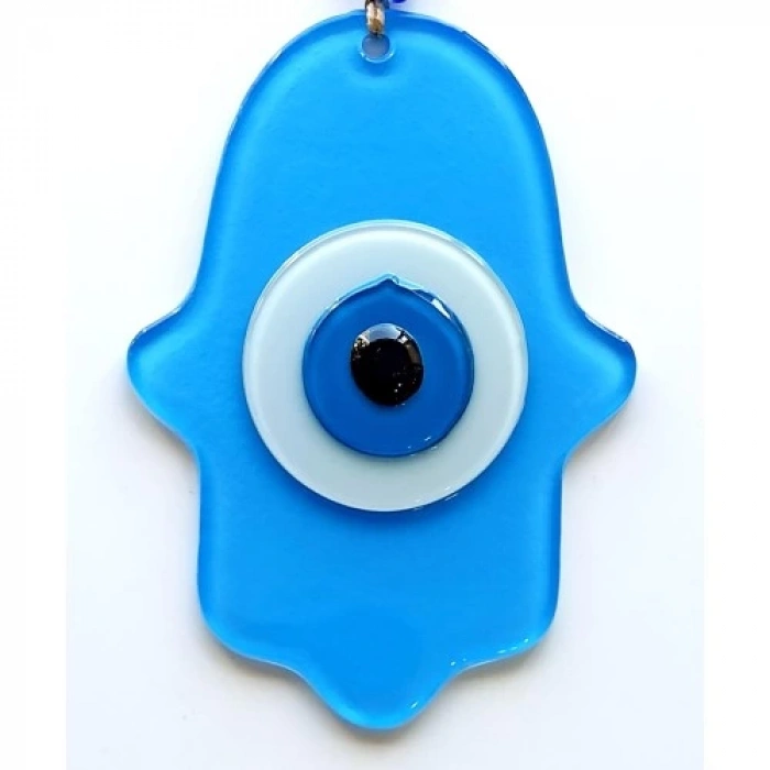 Nazar Boncuklu Bebek Mavisi Renginde Fatma Ana Bereket Eli Cam Duvar Süsü