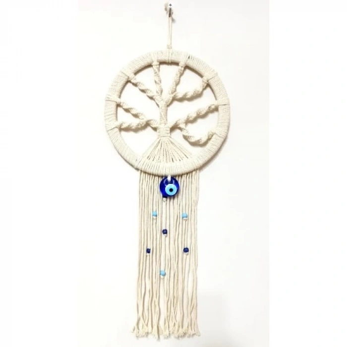 Nazar Boncuklu Ekru Renk Makrome Hayat Ağacı Duvar Süsü