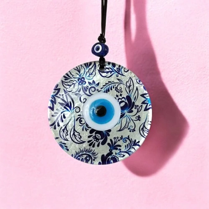 Nazar Boncuklu Yaprak Desenli Gümüş Rengi Füzyon Cam El Yapımı 12 Cm Duvar Süsü Nazarlık Hediyelik Eşya