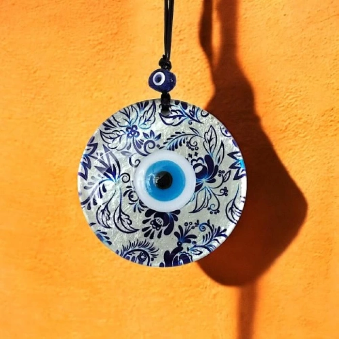 Nazar Boncuklu Yaprak Desenli Gümüş Rengi Füzyon Cam El Yapımı 12 Cm Duvar Süsü Nazarlık Hediyelik Eşya