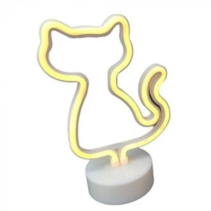 Neon Işıklı Kedi Lamba Pil+Usb Pembe Işık