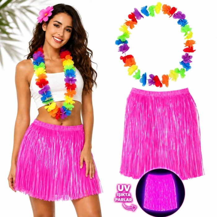 Neon Pembe Hawaii Etek 40 cm ve Rengarenk Hawaii Kolye (4887)