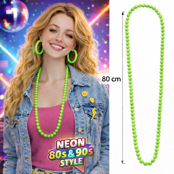 Neon Yeşil Boncuk Kolye 80 cm – Retro 80’ler 90’lar Parti Aksesuarı