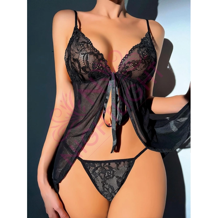 Nightlight Dantel Göğüs Kısmı Dantel Yırtmaçlı Mini Gecelik