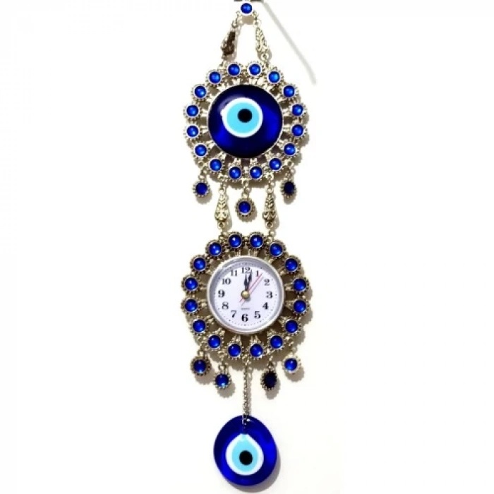 Nikel Zamak Kaplamalı Nazar Boncuklu Gümüş Rengi Mini Duvar Saati