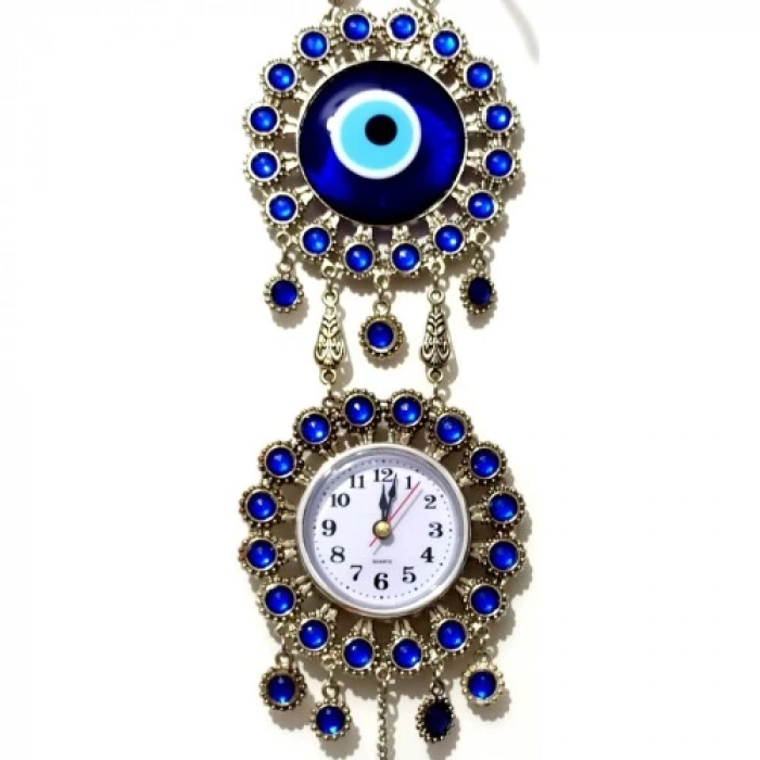 Nikel Zamak Kaplamalı Nazar Boncuklu Gümüş Rengi Mini Duvar Saati