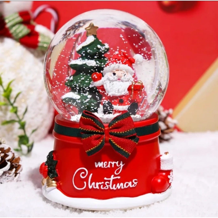 Noel Baba Merry Crs.  Tasarımlı 13 cm Büyük Boy Işıklı Müzikli Kar Küresi