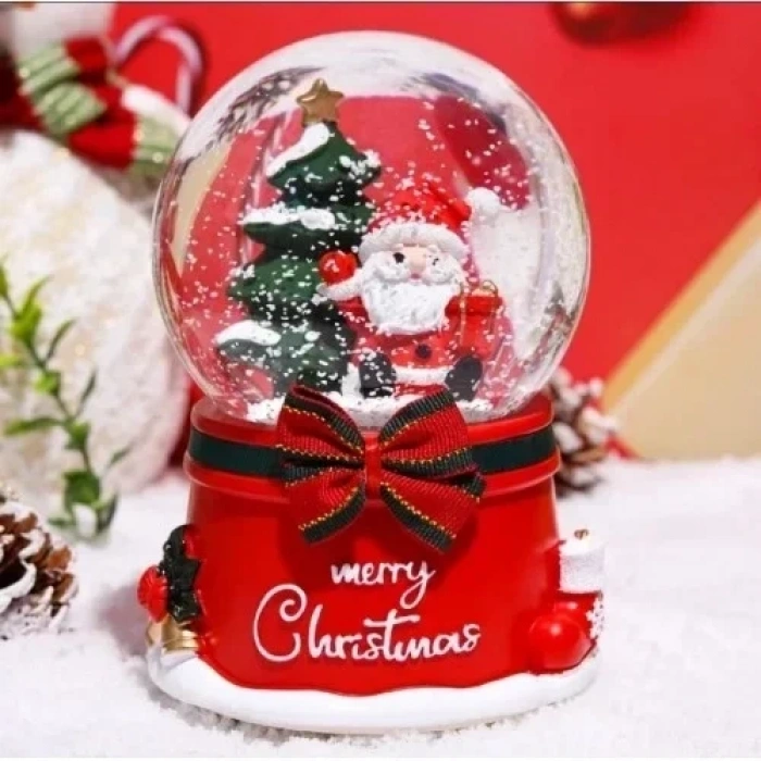 Noel Baba Merry Crs.  Tasarımlı 13 cm Büyük Boy Işıklı Müzikli Kar Küresi