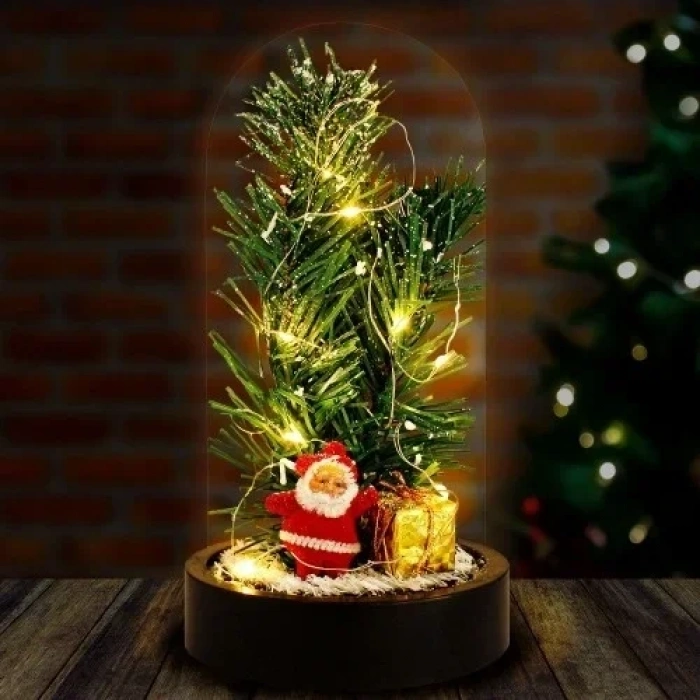 Noel Baba ve Çam Ağacı Temalı Led Işıklı Fanus