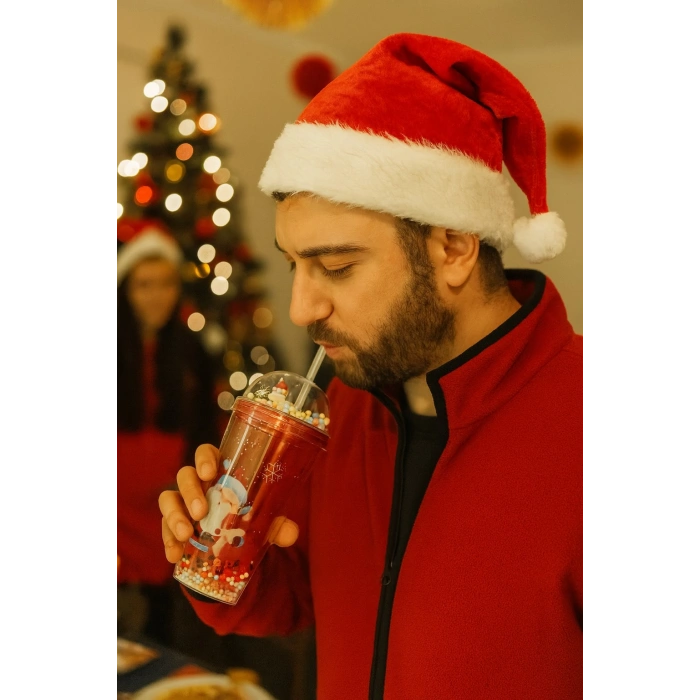 Noel Baba & Yeni Yıl  Temalı Pipetli Suluk 450 ML Çift Katman Mika Su Şişesi 2768-A
